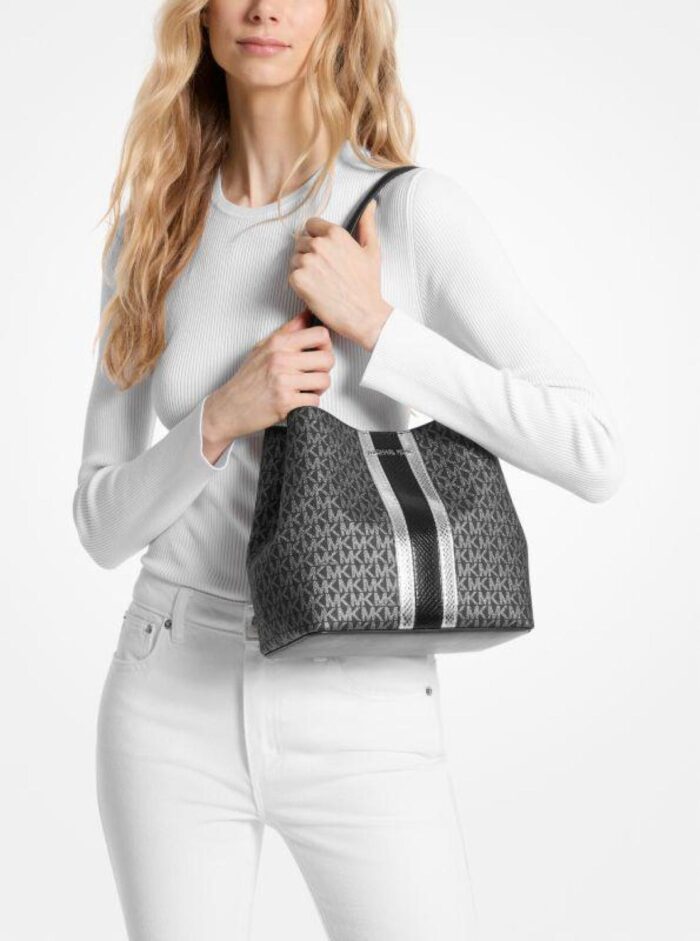 Michael Kors 2025 Collection Pratt Medium Signature Logo & Silver Metallic Shoulder Bag - Image 2