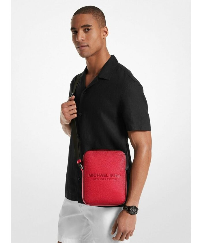 Michael Kors 2025 Collection Cooper Logo Embossed Pebbled Leather Flight Bag Bright Red - Image 3