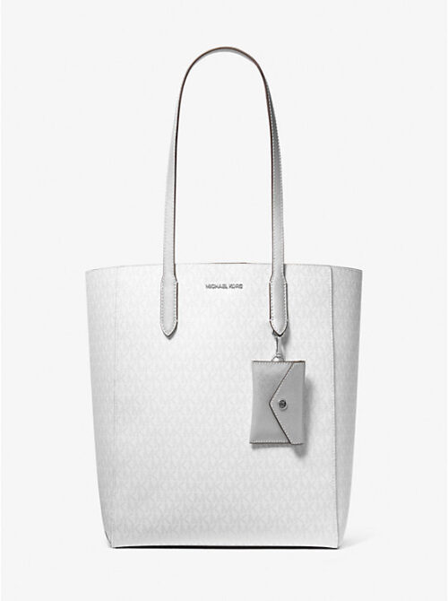 Michael Kors 2025 Collection Vincent Large Logo Tote Bag With Card Case Silver White Leather and Canvas