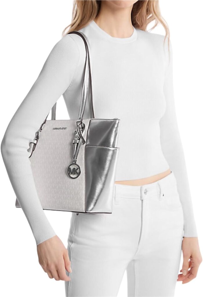 Michael Kors 2025 Collection Charlotte Large Signature Logo and Metallic Top-Zip Tote Bag - Image 3