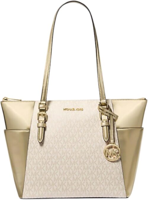 Michael Kors 2025 Collection Charlotte Large Signature Logo and Metallic Top-Zip Tote Bag