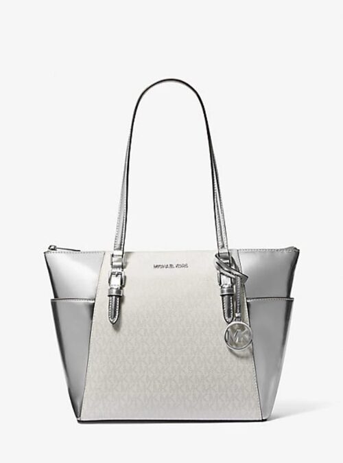 Michael Kors 2025 Collection Charlotte Large Signature Logo and Metallic Top-Zip Tote Bag
