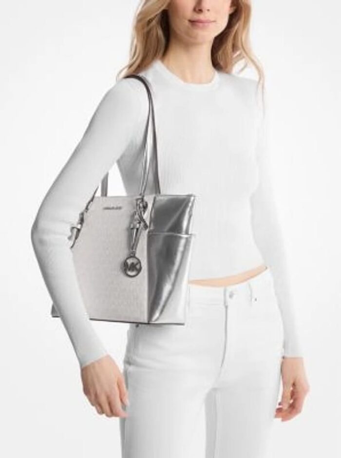 Michael Kors 2025 Collection Charlotte Large Signature Logo and Metallic Top-Zip Tote Bag - Image 6