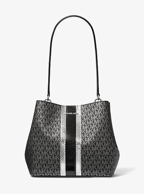 Michael Kors 2025 Collection Pratt Medium Signature Logo & Silver Metallic Shoulder Bag