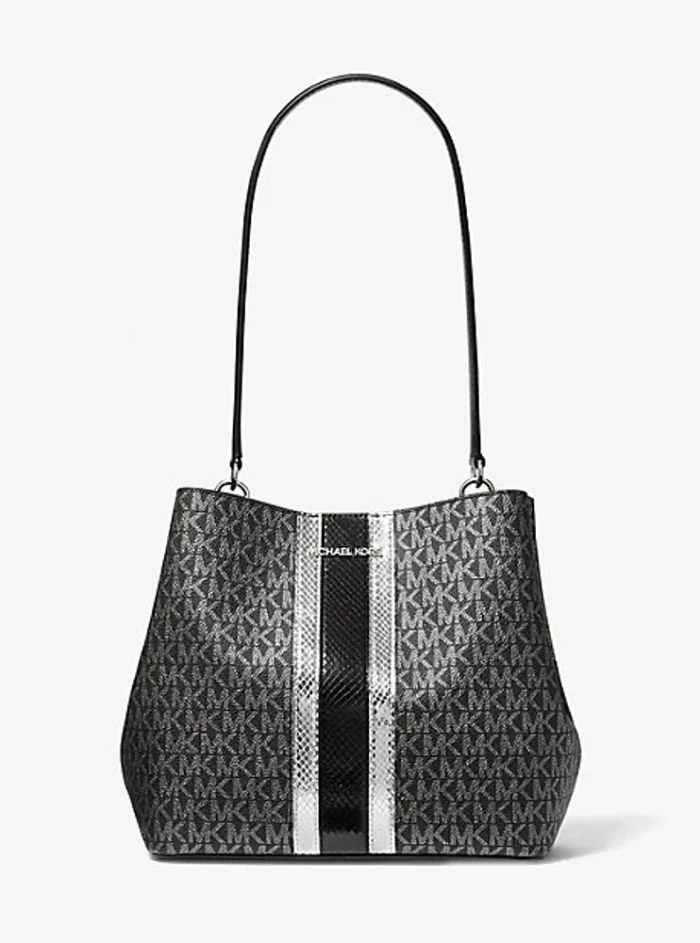 Michael Kors 2025 Collection Pratt Medium Signature Logo & Silver Metallic Shoulder Bag