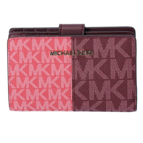 Michael Kors 2025 Collection Jet Set Medium Bifold Zip Coin Signature Wallet Oxblood Multi