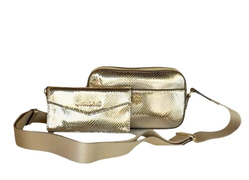 Michael Kors 2025 Collection MAISIE 2 IN 1 SMALL CAMERA CROSSBODY BAG EXOTIC PRINT in Metallic Gold