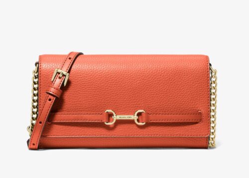 Michael Kors 2025 Collection Carson Large Pebbled Leather Convertible Crossbody Bag Orange with Gold Chain