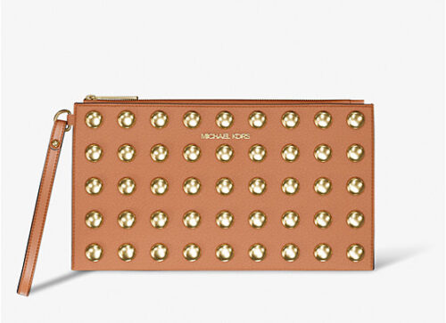Michael Kors 2025 Collection Jet Set Large Studded Pebbled Leather Wristlet Brown with Gold Hardware
