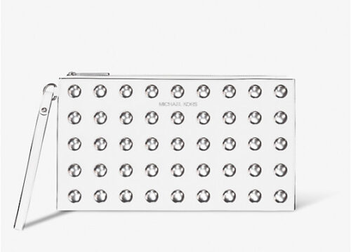 Michael Kors 2025 Collection Jet Set Large Studded Pebbled Leather Wristlet White with Silver Hardware
