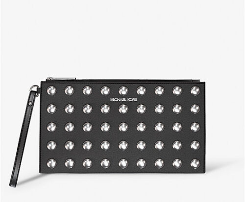Michael Kors 2025 Collection Jet Set Large Studded Pebbled Leather Wristlet Black Gold Hardware