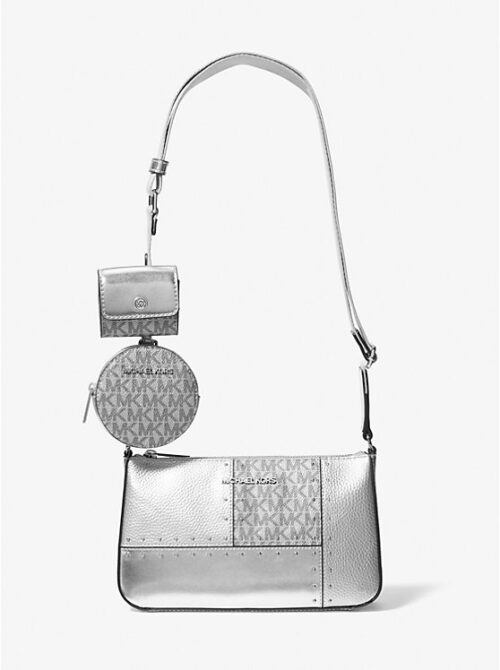 Michael Kors 2025 Collection Jet Set Travel Small Leather Metallic Patchwork and Signature Logo Crossbody Bag Silver Leather