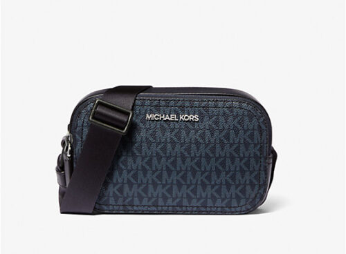 Michael Kors 2025 Collection Cooper Signature Logo Camera Bag Blue with MK logo