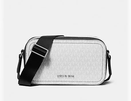 Michael Kors 2025 Collection Cooper Signature Logo Camera Bag White with MK logo