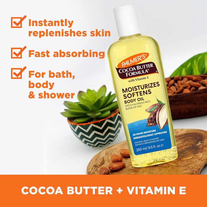 Palmer's Cocoa Butter Moisturizing Body Oil with Vitamin E, Radiant Looking Glow and Skin Hydration, Instant Absorption, Bath, Body and Shower, 250ML / 8.5 Ounces - Image 4