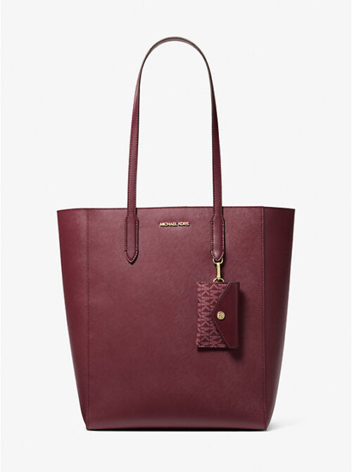Vincent Large Saffiano Leather Tote Bag With Card Case in Oxblood Leather and Canvas
