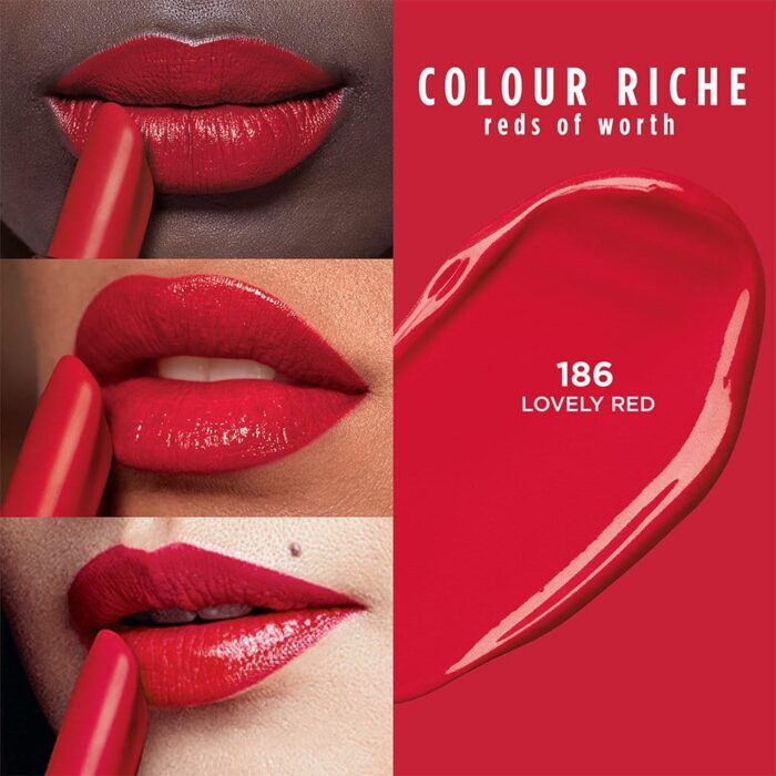 L’Oréal Reds of Worth Satin Lipstick with Saturated Color (186-Lovely Red) - Image 2